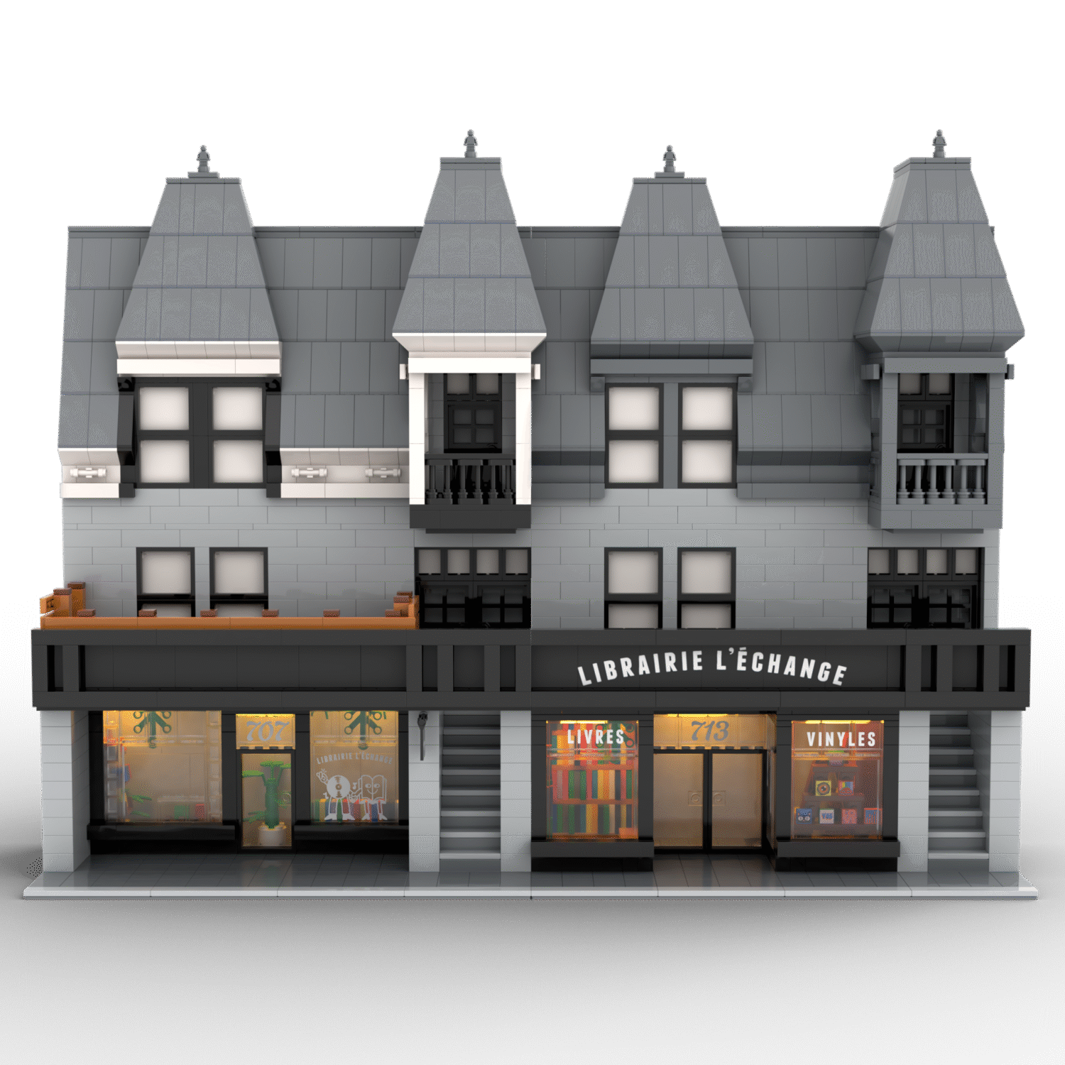 LEGO model of Librairie l'Échange bookstore showing the front facade, designed by artist Addy Parsons.